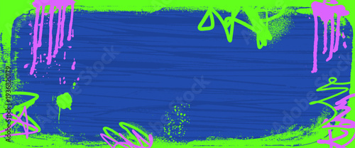 Grunge neon blue poster frame with vibrant ink splashes, rough urban textures. Modern handmade school graffiti banner with bold colors and street art elements. Vector urban street punk wall effect bg.