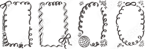 Bachelorette whimsical gothic frames. Coquette black ink borders with bows set. Ribbon and lace squiggle menu cadre. Vector wedding frame isolated on white background.