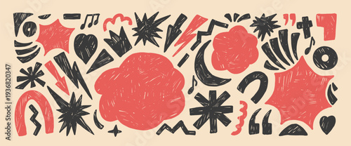 Callout blanks crayon background. Geometric and freeform black and red abstract figures hand drawn scribbles set. Music note, lightning, arrows, heart stickers. Vector illustration funky background.