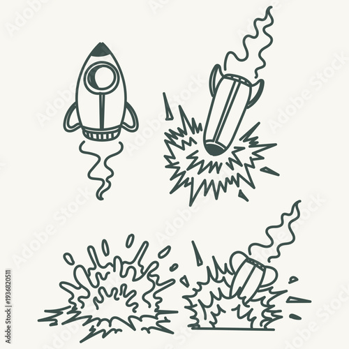 Collection of hand drawn doodle style illustrations featuring rocket launches, crashes, and explosions. Represents concepts of startup success, business failure, system error, or space exploration