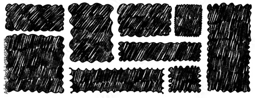 Wavy scalloped charcoal rectangles. Geometric frames with playful wiggle edges, perfect for decorative designs with retro flair and hand-drawn charm. Vector rectangular, square grunge naive callouts.