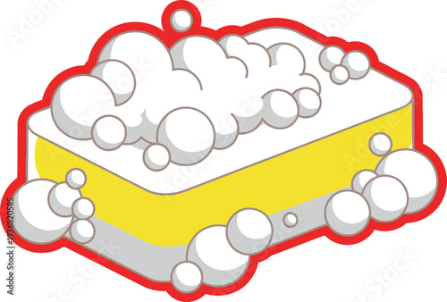 A yellow cleaning sponge covered completely in thick white soap suds is outlined in red for emphasis.