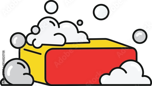 Bar of soap in red and yellow colors covered in white lather and floating bubbles suggests cleansing and washing action.