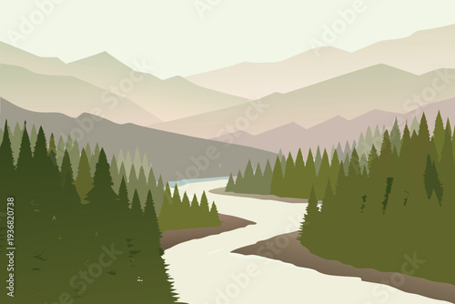 Winding River Through Evergreen Forest and Layered Mountains Misty Haze