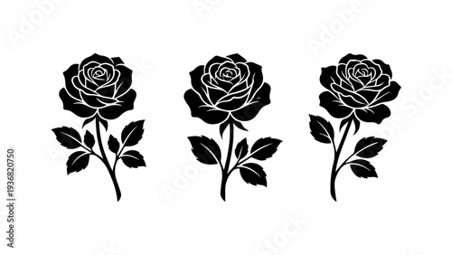 Three black silhouette roses with stems and leaves against a white background