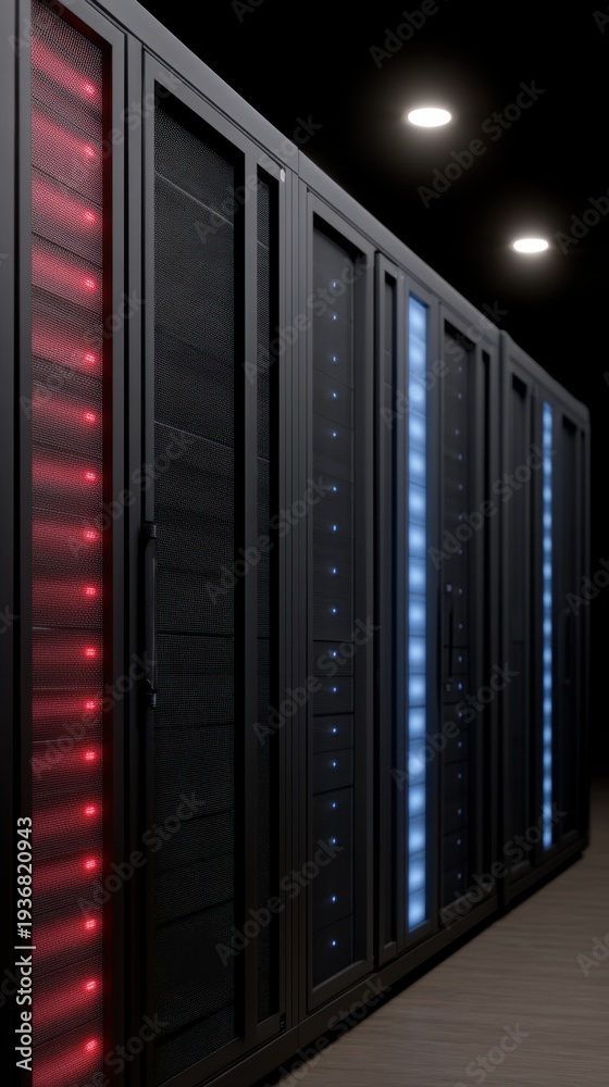 custom made wallpaper toronto digitalVertical Server Racks with Red and Blue Glowing Lights in Dark Data Center Environment