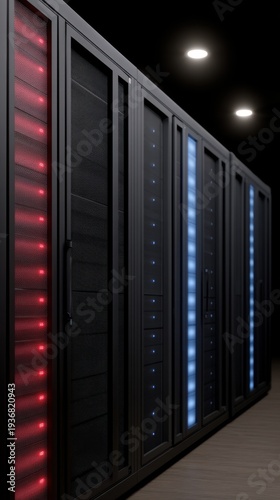 Wallpaper Mural Vertical Server Racks with Red and Blue Glowing Lights in Dark Data Center Environment Torontodigital.ca