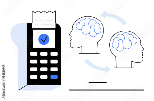 Financial transactions, neuroscience, payment processing, artificial intelligence, data transfer, futuristic ideas. A digital POS terminal with a receipt and two brains connected by arrows. Financial