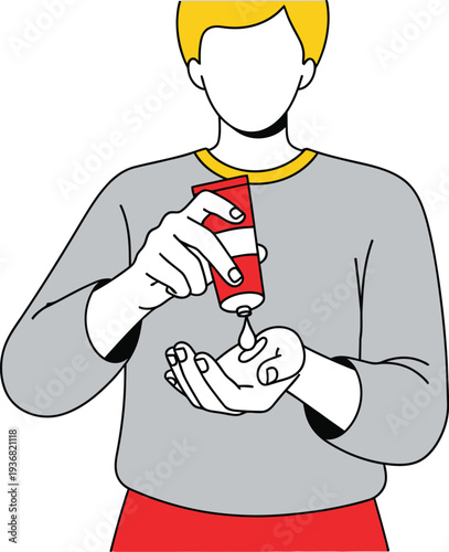 Person dispenses a drop of liquid product from a red and white squeeze tube into an open palm for application.