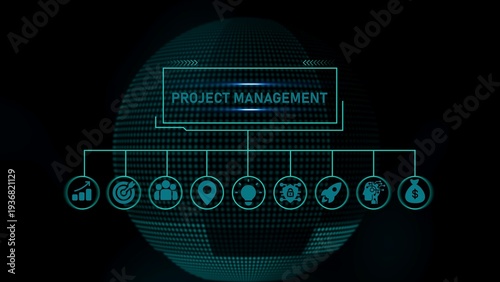 Project management concept with globe and on black background flowchart business planning