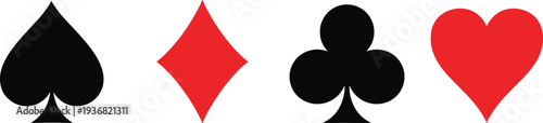  Set of four classic playing card suit symbols including black spade, red diamond, black club, and red heart icons isolated on a white background.