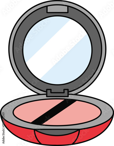 Compact blush powder case with a mirror and applicator brush sits open on a white background.