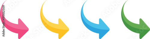 Colorful curved arrows set with pink, yellow, blue, and green pointers, direction icons vector illustration