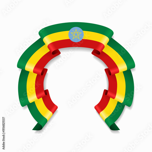 Ethiopian flag circular wavy ribbon, symbolizing national pride, ideal for patriotic badges, certificates, or cultural design themes. Vector illustration.