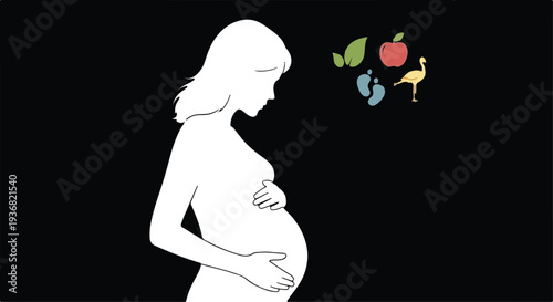 White Silhouette of Pregnant Woman with Health, Nutrition, and Baby Icons on Black Background