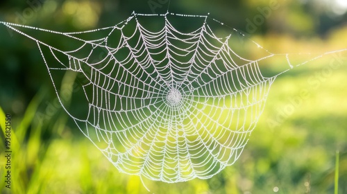 Intricate circular spiderweb densely covered in sparkling morning dew drops against a soft vibrant green natural background bokeh illumination