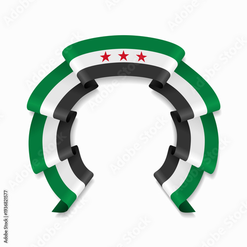 Syrian flag circular wavy ribbon, symbolizing national pride, ideal for patriotic badges, certificates, or cultural design themes. Vector illustration.