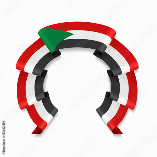 Sudanese flag circular wavy ribbon, symbolizing national pride, ideal for patriotic badges, certificates, or cultural design themes. Vector illustration.