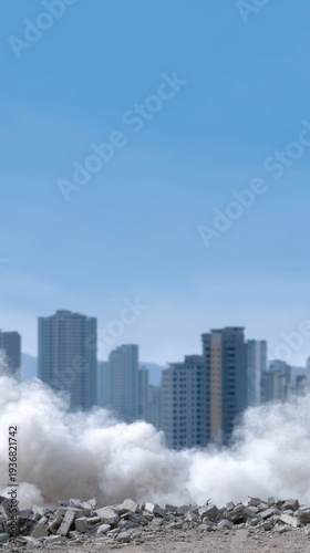 Wallpaper Mural Urban Skyline with Crumbling Buildings and Rising Dust Against a Clear Blue Sky Torontodigital.ca