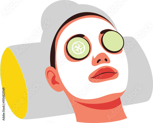 Woman relaxes with a white facial mask and cucumber slices covering her eyes while resting her head on a soft pillow.