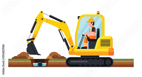 Excavator digging soil at construction site vector