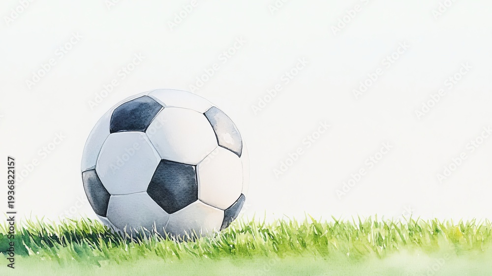 Fototapeta premium Watercolor illustration of soccer ball on grass on white background, suitable for decorating Boy room