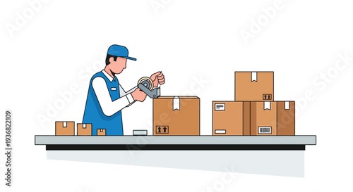 Warehouse worker scanning parcel on packing table vector