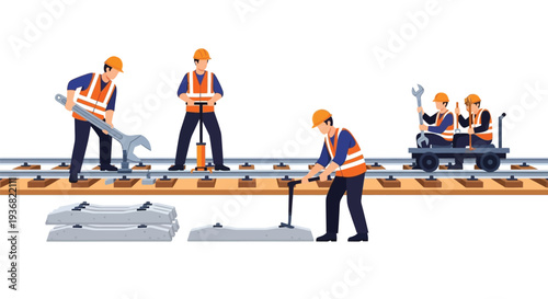 Railway workers repairing train track infrastructure vector