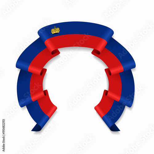 Liechtenstein flag circular wavy ribbon, symbolizing national pride, ideal for patriotic badges, certificates, or cultural design themes. Vector illustration.