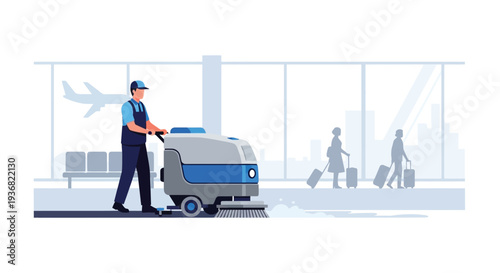 Airport cleaner operating floor cleaning machine vector