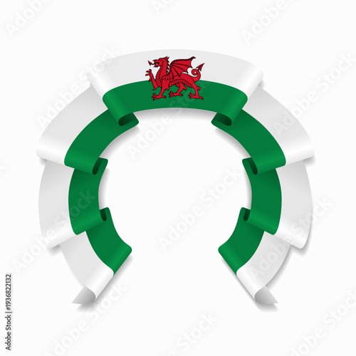 Welsh flag circular wavy ribbon, symbolizing national pride, ideal for patriotic badges, certificates, or cultural design themes. Vector illustration.