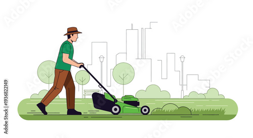 Gardener mowing lawn in city park vector