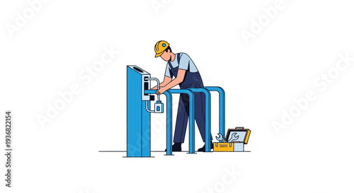 Technician operating hydraulic lift platform vector