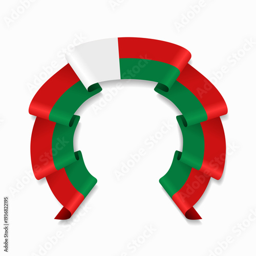 Madagascar flag circular wavy ribbon, symbolizing national pride, ideal for patriotic badges, certificates, or cultural design themes. Vector illustration.
