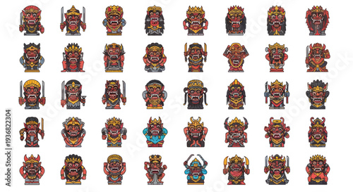 Pixel Art Demon Faces Collection: Red Tribal Masks, Traditional Art, Vector Icons