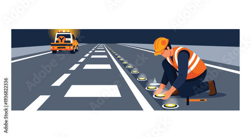 Road worker installing reflective lane markers vector