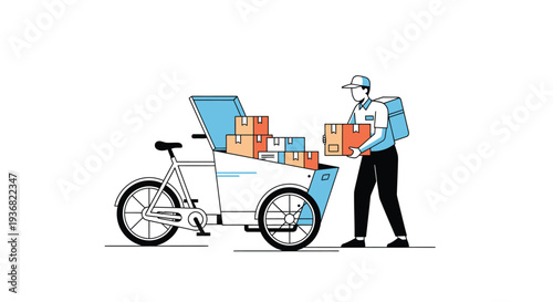 Courier delivering packages with cargo bicycle vector