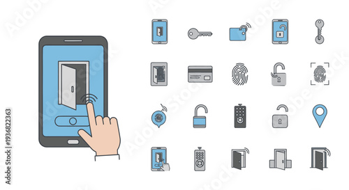 Smart Home Security Icons: Fingerprint, Key, Door, Card, App Control