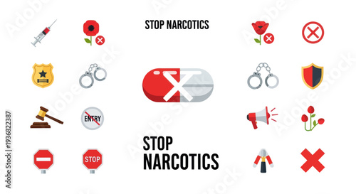 Stop Narcotics Icons: Drugs, Law Enforcement, No Entry, Justice, Police, Poppy
