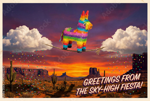 Surreal Cinco de Mayo greeting card with donkey pinata walking on tightrope between clouds over desert at sunset