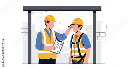 Construction engineers discussing building plan vector