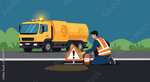 Road worker repairing pothole with warning sign vector