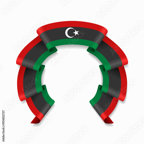 Libyan flag circular wavy ribbon, symbolizing national pride, ideal for patriotic badges, certificates, or cultural design themes. Vector illustration.