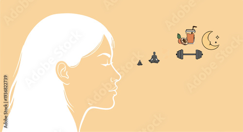 Female profile silhouette with health, wellness, yoga, fitness, and sleep icons