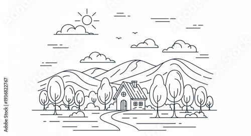 Scenic Landscape with House and Trees Illustration.