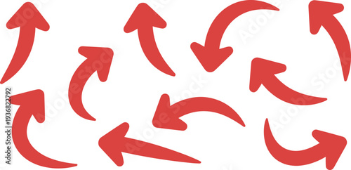 Red curved arrows set for navigation, hand drawn pointing vector elements, decorative direction symbols for graphic design