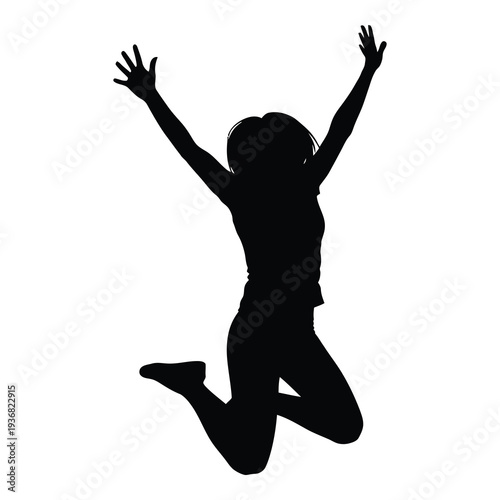 Silhouette of a happy woman jumping with arms raised isolated on white background
