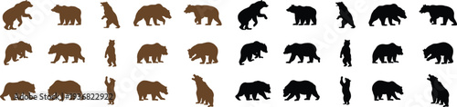 Bear icon set collection group in flat style featuring grizzly, ursus, wildlife, animal silhouette and predator synonym elements for nature design, forest logo branding and graphic use