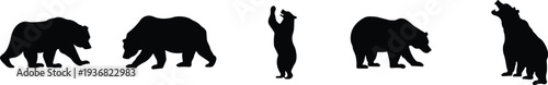 Bear icon set collection group in flat style featuring grizzly, ursus, wildlife, animal silhouette and predator synonym elements for nature design, forest logo branding and graphic use