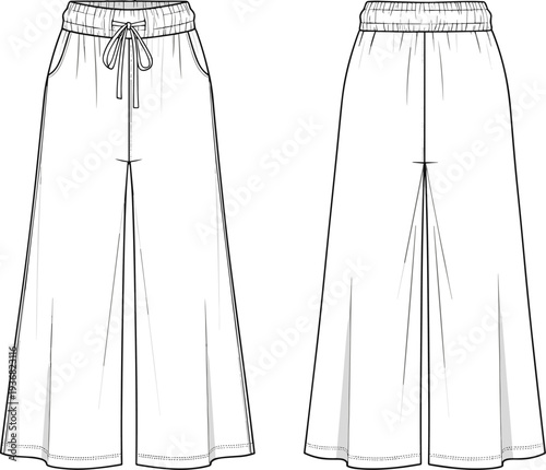 Women's Wide Leg Lounge Pants Technical Flat Sketch, High Waisted Pajama Trousers Front and Back View, CAD Drawing, Flat Vector Illustration